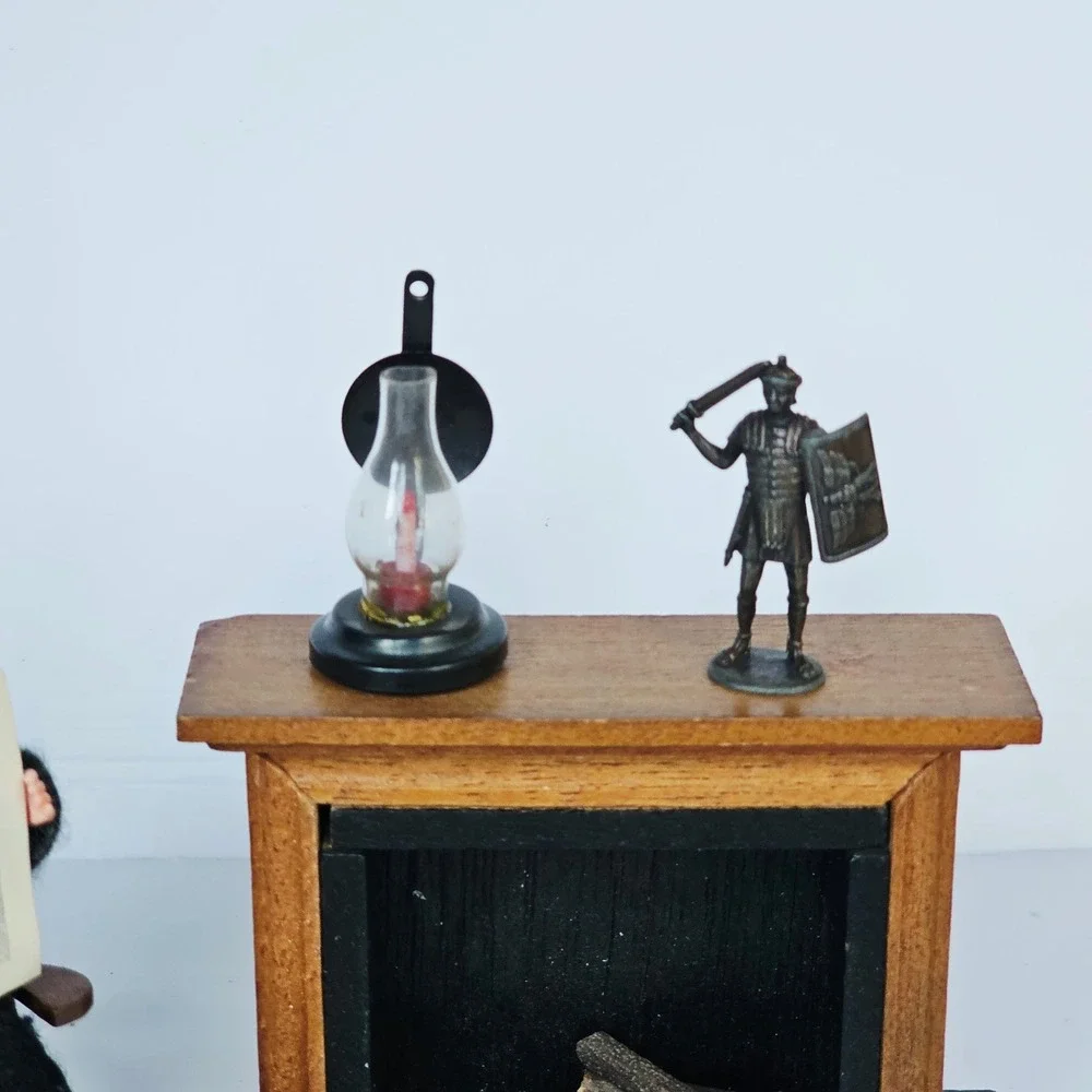 Vintage Dollhouse Accessories Newspaper Box Oil Lamp Roman Soldier Miniature Set
